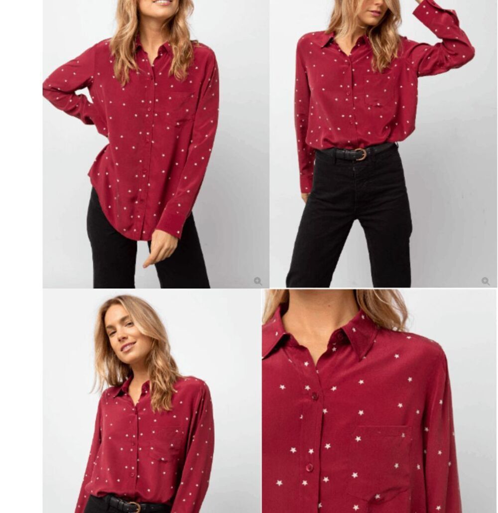 Rails Kate 100% Silk Button Down Blouse Merlot Twinkle Star Print Medium